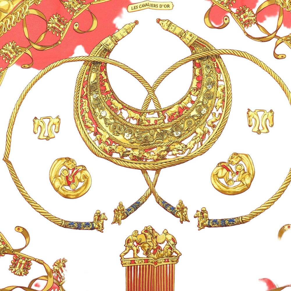 Hermes Carre 40 Les Cavaliers d'Or Silk Scarf Red - Picture 6 of 8
